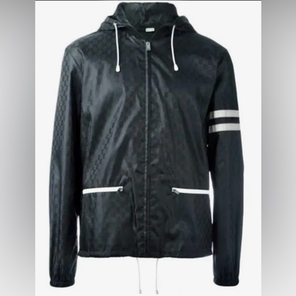 Gucci Black Monogram Windbreaker with White Stripes